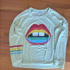 Lauren Moshi Green Long Sleeve Tee with Colorful Lips Graphic